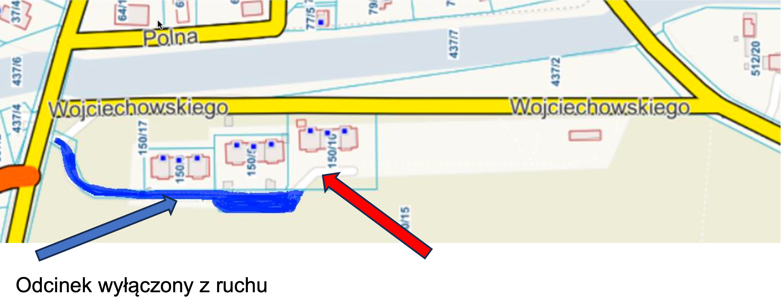 Mapa wyłączonego kawałka drogi z ruchu